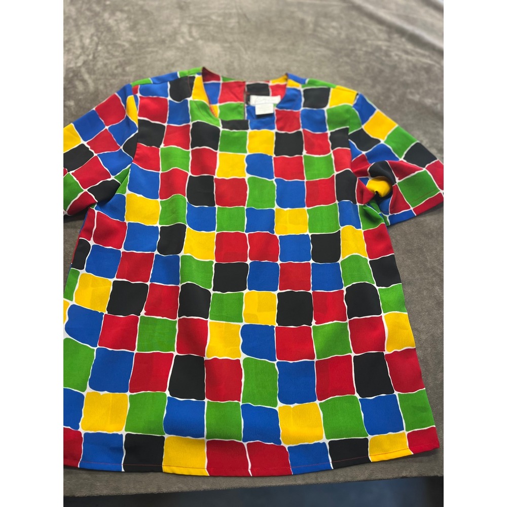 Cathy Che Womens Primary Color Block Checkerboard Short Sleeve Blouse Size M